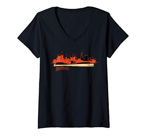 Womens Baltimore Baseball Bat Paint Splat City Skyline Fan V-Neck T-Shirt Womens Baltimore Baseball Bat Paint Splat City Skyline Fan V-Neck T-Shirt