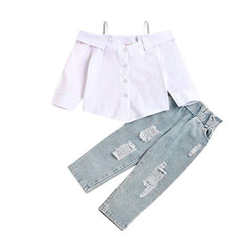 Toddler Baby Girl Fall Winter Clothes White Off Shoulder Long Sleeve T-Shirt Top Ripped Denim Jeans Pants 2Pcs Outfit Set