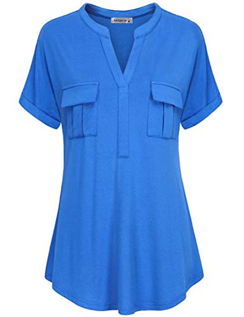 MOQIVGI Shirts for Women Casual Summer Short Sleeve Plain Comfy Basic Tee Ladies Stylish Sexy Notched V Neck Top Cute Flattering Pleated Flowy Tunics with Pockets Blue X-Large