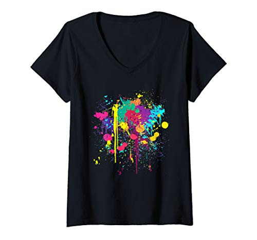Womens Pretty Messy Paint Splatter V-Neck T-Shirt