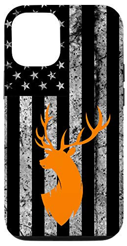 iPhone 12 12 Pro Deer Hunting USA Flag Black White Orange Grunge Case