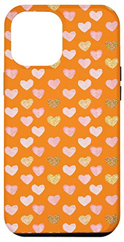 iPhone 12 Pro Max Bright Orange Pink Watercolor Hearts Pattern Case