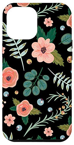 iPhone 12 Pro Max Garden Flowers Florals Mint Coral  and  Black Pattern AEN104 Case