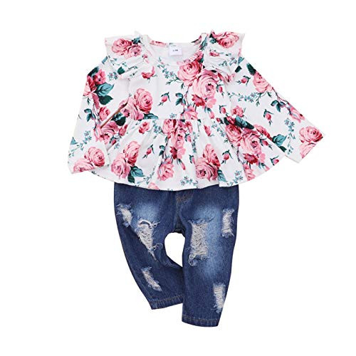 Baby Girls Pants Set Toddler Floral Ruffle Tops Plus Baby Girl Denim Ripped Jeans 2pcs Fall Winter Clothes Outfits Pink 3-4T Baby Girls Pants Set Toddler Floral Ruffle Tops Plus Baby Girl Denim Ripped Jeans 2pcs Fall Winter Clothes Outfits Pink 3-4T