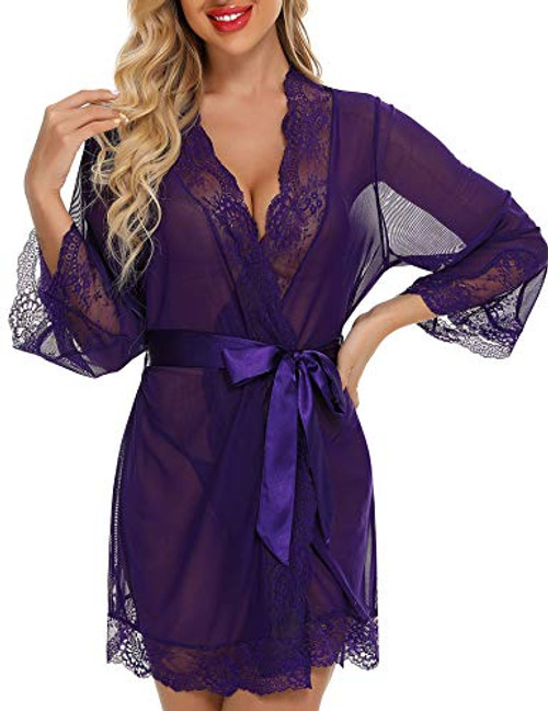 RSLOVE Lace Lingerie Women Kimono Robe Floral Lace Babydoll Lingerie Sheer Mesh Nightgown Purple L RSLOVE Lace Lingerie Women Kimono Robe Floral Lace Babydoll Lingerie Sheer Mesh Nightgown Purple L