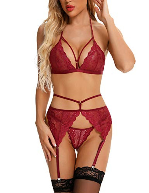 RSLOVE Women Lingerie Set with Garter Belt Sexy Bra and Panty Set Lace Babydoll Set Teddy Bodysuit Wine Red XL RSLOVE Women Lingerie Set with Garter Belt Sexy Bra and Panty Set Lace Babydoll Set Teddy Bodysuit Wine Red XL
