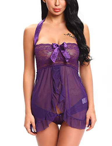 Ababoon Women Lingerie Nightwear Sexy Babydoll Lace Chemise Purple