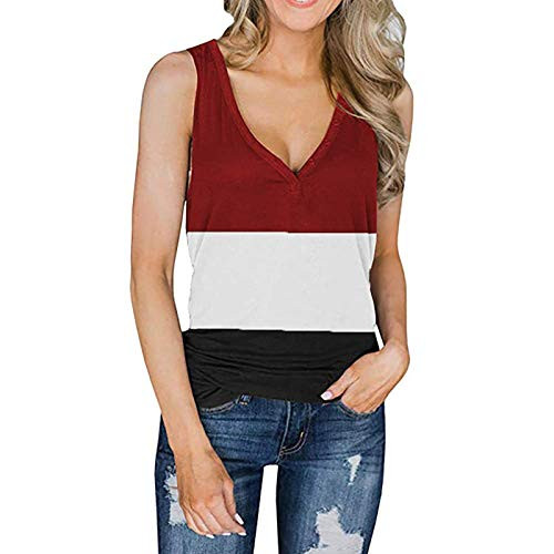 Womens Cotton Tank Tops Color Block Buttons V Neck Vest T-Shirts Sleeveless Tee Tunic Top Blouse Summer Red