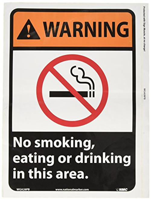 NMC WGA28PB ANSI Sign, Legend "WARNING - NO SMOKING, EATING OR DRINKING IN THIS AREA" with Graphic, 10" Length x 14" Height, Pressure Sensitive Vinyl, Red/Orange/Black on White NMC WGA28PB ANSI Sign, Legend "WARNING - NO SMOKING, EATING OR DRINKING IN THIS AREA" with Graphic, 10" Length x 14" Height, Pressure Sensitive Vinyl, Red/Orange/Black on White