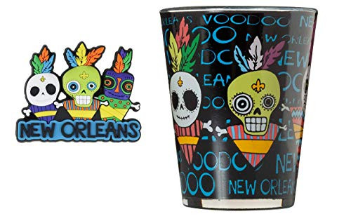 New Orleans Voodoo Doll Souvenir Refrigerator Magnet and Voodoo Doll Multicolor Souvenir Shot Glass Bundle