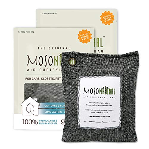 MOSO NATURAL  The Original Air Purifying Bag. for Cars  Closets  Bathrooms  Pet Areas. an Unscented  Chemical-Free Odor Eliminator. 200g  Charcoal   2 Pack