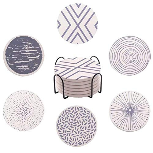 6 Piece Absorbent Coaster Set with Holder  Ceramic Drink Coasters  4 Inch Farmhouse Coasters with Cork Base Great Gift for Birthday Housewarming Room Decor Bar Holiday Party