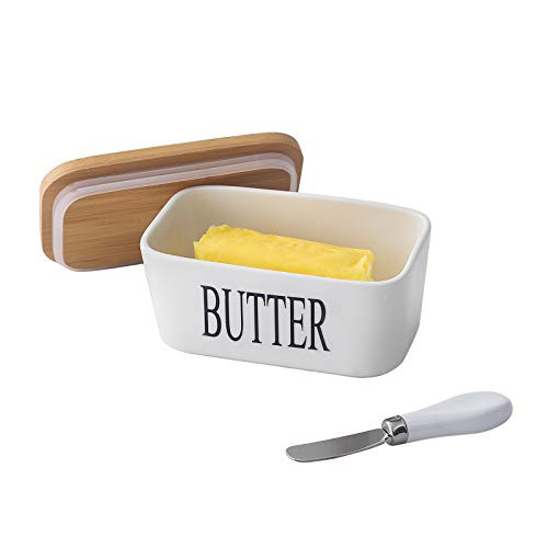 Butter Dish with Steel Knife  Porcelain Airtight Butter Keeper Container with Bamboo Lid  Holds Up to 2 Sticks of Butter  White  22OZ