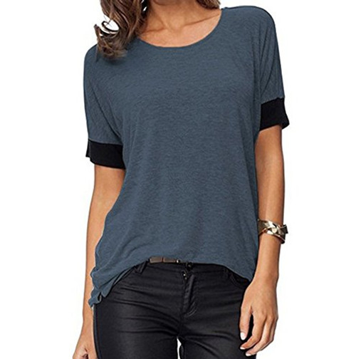 Women's Casual Round Neck Loose Fit Short Sleeve T-Shirt Blouse Tops  Blue Gray  XL