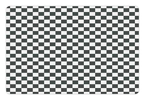 Ambesonne Checkered Pet Mat for Food and Water  Monochrome Composition with Classical Chessboard Inspired Abstract Tile Print  Non-Slip Rubber Mat for Dogs and Cats  18" X12"  White Grey