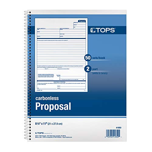 TOPS 41850 Spiralbound Proposal Form Book, 8 1/2 x 11, Two-Part Carbonless, 50 Sets/Book