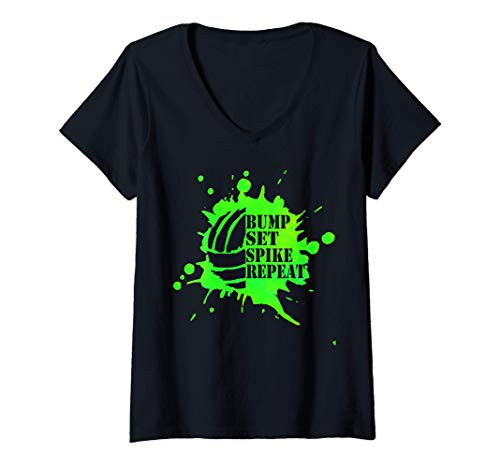 Womens Teen Volleyball Green Paint Splatter Bump Set Spike Repeat V-Neck T-Shirt