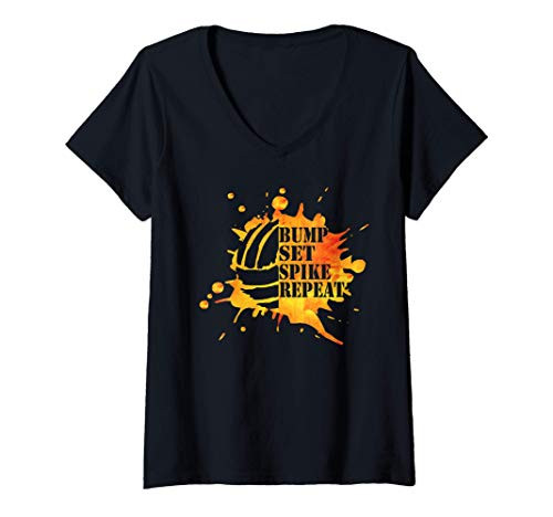 Womens Volleyball Orange Paint Splatter Bump Set Spike Repeat V-Neck T-Shirt