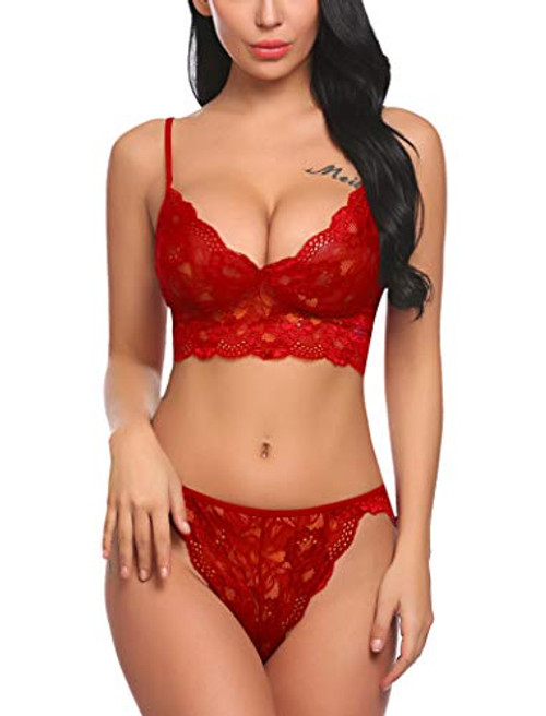 ADOME Women's Lace Lingerie Bra and Panty Set Strappy Babydoll Bodysuit Large Red ADOME Women's Lace Lingerie Bra and Panty Set Strappy Babydoll Bodysuit Large Red