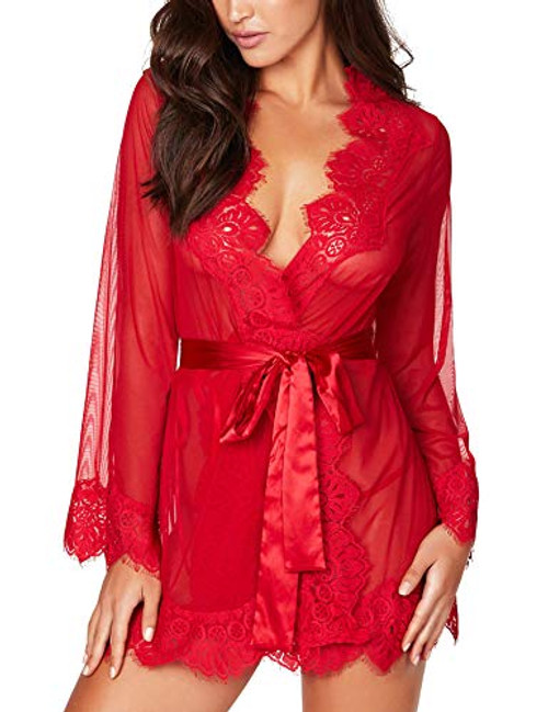 RSLOVE Women Sexy Robe Lace Kimono Babydoll Lingerie Mesh Nightgown Cover Up Red M RSLOVE Women Sexy Robe Lace Kimono Babydoll Lingerie Mesh Nightgown Cover Up Red M