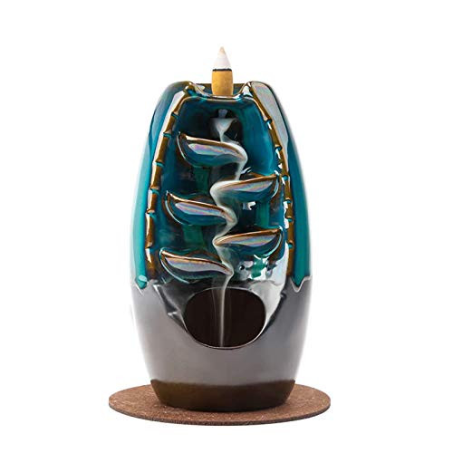 Ceramic Backflow Incense Burner Waterfall Incense Holder with 120 Backflow Incense Cones 30 Incense Sticks 1 Mat 1 Tweezers for Home Office Yoga Aromatherapy Blue