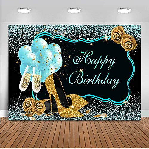 Mocsicka Teal Gold Happy Birthday Backdrop Glitter Turquoise Balloons High Heels Champagne Woman's Birthday Photo Backdrops Sweet 16th 21st 30th 40th Bday Photography Background  7x5ft
