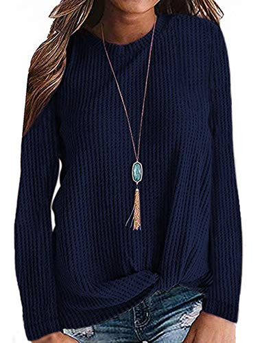TODOLOR Women Long Sleeve T Shirts Casual Twist Knot Top Loose Blouse Cute Tunic Navy Blue S