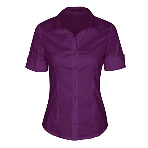 SUNNOW Womens Tailored Short Sleeve Basic Simple Button-Down Shirt with Stretch  XL  Purple-B