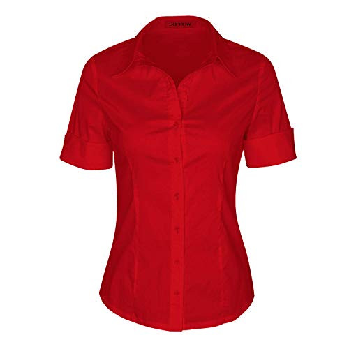 SUNNOW Womens Tailored Short Sleeve Basic Simple Button-Down Shirt with Stretch  L  Red