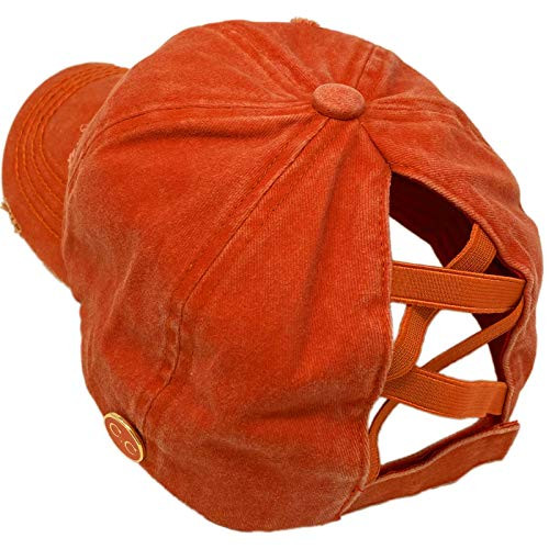 C.C Ponytail Criss Cross Messy Buns Ponycaps Baseball Cap Dad Trucker Mesh Hat  Button Hook Distressed Burnt Orange