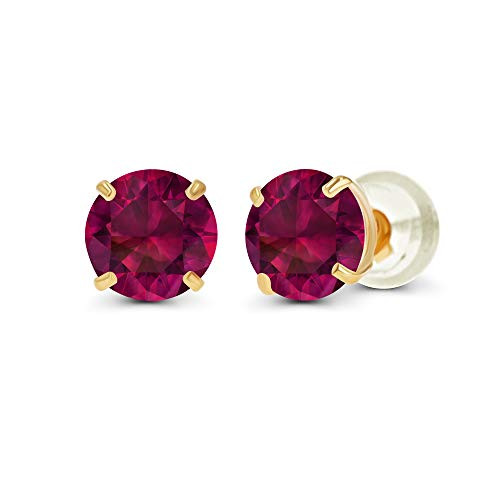 14K Yellow Gold Plated Sterling Silver 4mm Round Created Ruby Birthstone Prong Set Stud Earrings For Women and Girls