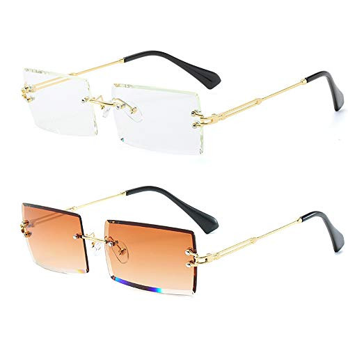 Dollger 2PCS Rimless Rectangle Sunglasses for Women Fashion Frameless Square Glasses for Men Ultralight UV400 Eyewear BrownPlustransprent