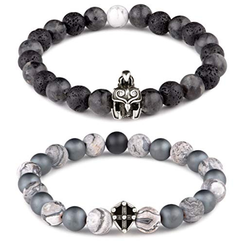 Karseer Distance Bracelets His and Hers Matching Bracelets 8mm Lava Rock Aromatherapy Diffuser Natural Hematite Labradorite Gemstone with Helmet Shield Charm for Couples Relationship Friendship  2pcs