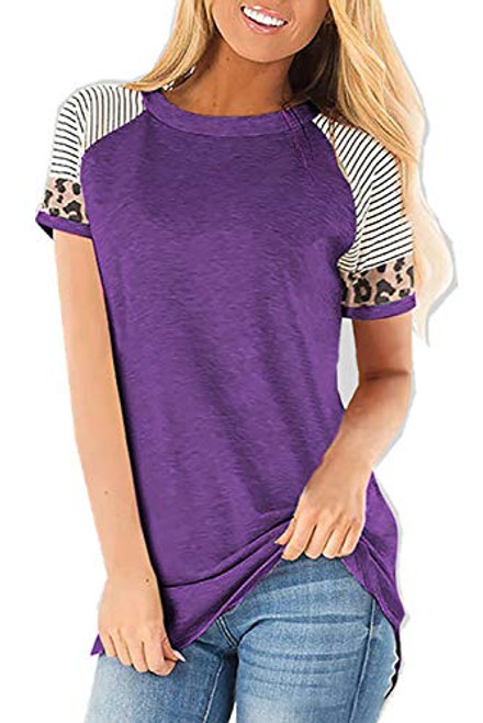 ANFTFH Short Sleeve Shirts for Women Tunic Tops Leopard Loose Color Block Tee Blouses Purple M