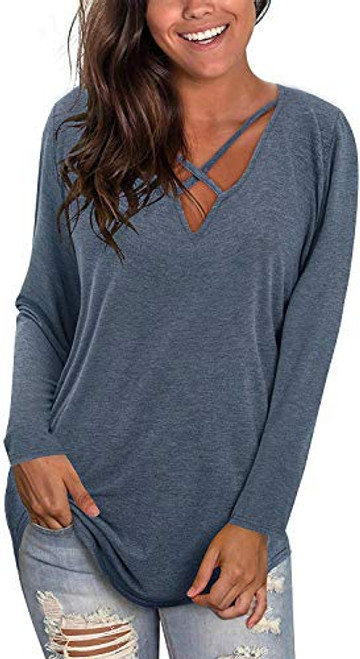Womens V Neck Long Sleeve Tunic Tops Sexy Criss Cross T Shirt Casual Cotton Tees Blue