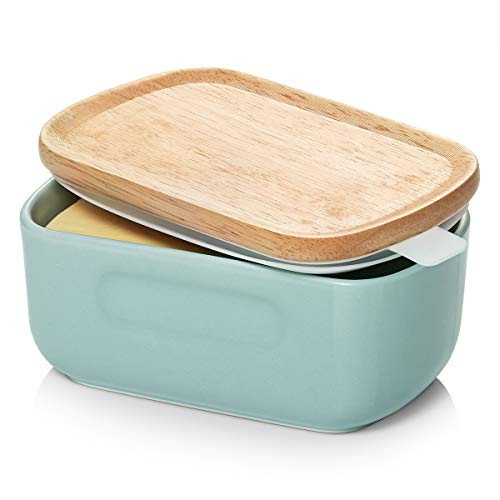 Dowan Large Butter Dish with Handle on Lid Up to 2 Sticks of Butter  Farmhouse Butter Dish with Lid  Ceramic Butter Container for East West Coast Butter  Microwave and Freezer Safe  Turquoise