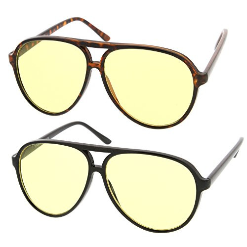 Retro Large Blue Blocking Lens Aviator Sunglasses 60mm  2-Pack  Black Yellow  and  Tortoise Yellow