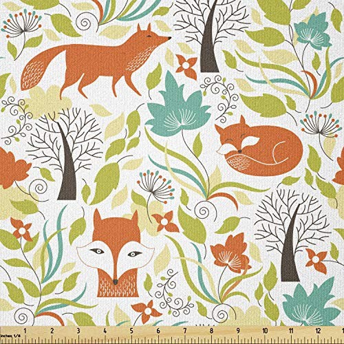 Ambesonne Cartoon Fabric by The Yard  Wild Fox Wolf with Leaves Flowers and Leafless Trees Print  Stretch Knit Fabric for Clothing Sewing and Arts Crafts  1 Yard  Orange Green