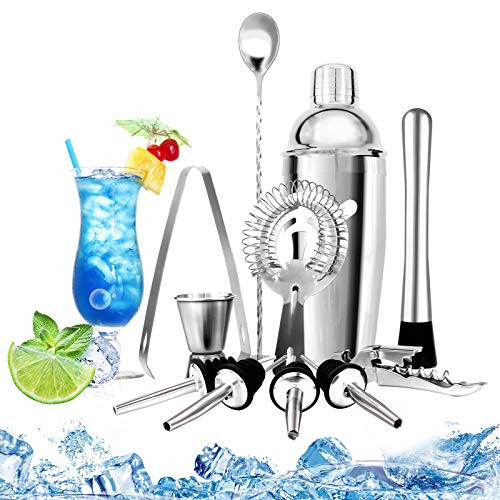 Bartender Kit  11-Piece Cocktail Shaker Set  MIANCHEN Bar Tools Bartender Tool Kit Includes Cocktail Shaker Mixing Spoon Ice Tongs Ice Strainer Corkscrew Muddler Liquor Pourer Jigger etc.