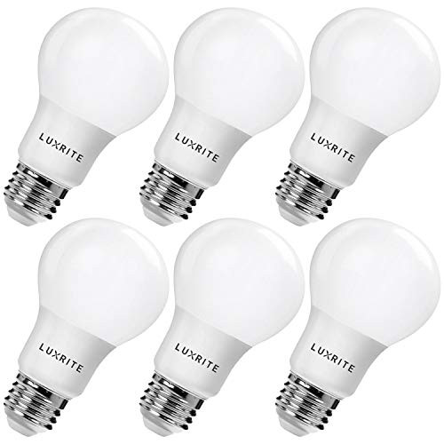 Luxrite LR21393  6-Pack  9W LED A19 Light Bulb  60W Equivalent  Non-Dimmable  Cool White 4000K  800 Lumens  E26 Base  UL-Listed