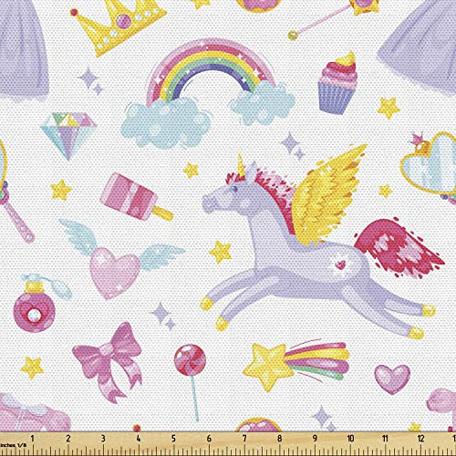 Ambesonne Rainbow Fabric by The Yard  Repetitive Unicorn Pegasus with Funny Cartoon Items  Decorative Fabric for Upholstery and Home Accents  1 Yard  Pale Purple