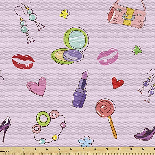 Ambesonne Cartoon Fabric by The Yard  Girls Illustration with Fashion Accessories and Makeup Lollipop Flower Print  Decorative Fabric for Upholstery and Home Accents  1 Yard  Multicolor