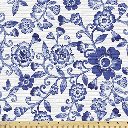 Lunarable Floral Fabric by The Yard  Swirl Flower Pattern Folk Russian Folk Cultural Petals Ornamental Image  Decorative Fabric for Upholstery and Home Accents  1 Yard  Blue and White