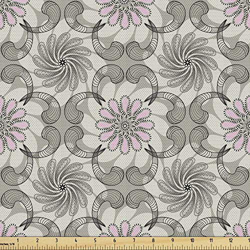 Lunarable Grey and Pink Fabric by The Yard  Pattern with Lace Style Flowers and Curls Scroll Inspired Retro Mosaic  Decorative Fabric for Upholstery and Home Accents  1 Yard  Grey Pink