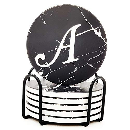 Monogram Coasters For Drinks Absorbent Coaster Set of 6 with Holder Black Marble Style Ceramic Drink Coaster Sets With Cork Base Monogrammed Letter A Monogram Coasters For Drinks Absorbent Coaster Set of 6 with Holder Black Marble Style Ceramic Drink Coaster Sets With Cork Base Monogrammed Letter A