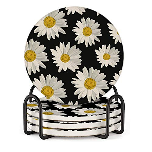 Daisy Black - 4in Coasters for Drinks Absorbent with Holder Drink Coasters with Cork Base Absorbent Coaster Set Housewarming Gift - Set of 4 Coasters