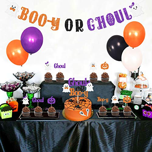 Halloween Gender Reveal Party Decoration Boo-y or Ghoul Baby Shower Banner Cake Cupcake Topper Purple Orange Balloons Fall Boy Or Girl October Sex Announcement Ideas Favor Supplies