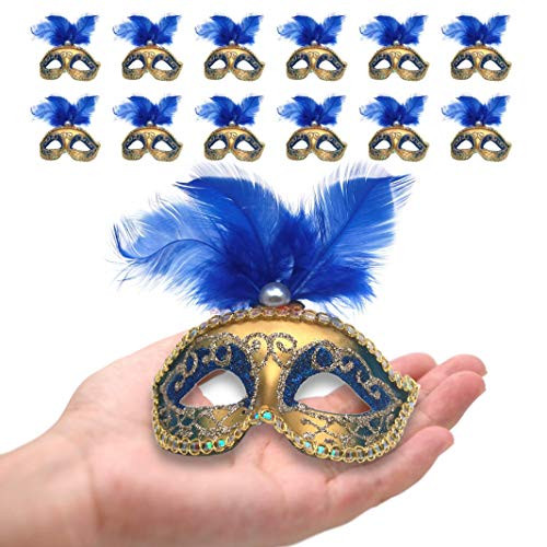 Yiseng Mini Masquerade Mask Party Decorations 12pcs Luxury Feather Pearl Mardi Gras Small Mask Blue Color