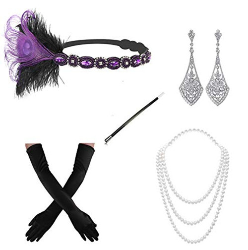 1920s Flapper Gatsby Costume Accessories Set 20s Flapper Headband Pearl Necklace Gloves Cigarette Holder M