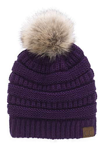 C.C Soft Stretch Cable Knit Ribbed Faux Fur Pom Pom Fuzzy Sherpa Fleece Lined Skull Cap Cuff Beanie Hat  Purple